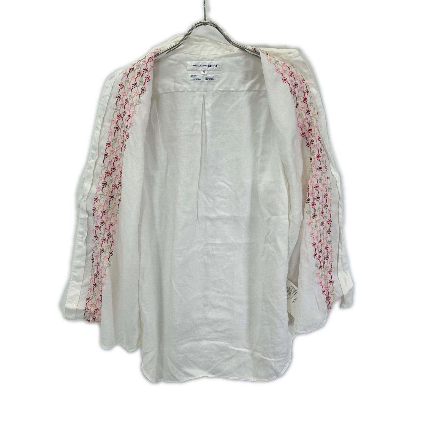 COMMEdesGARCONS SHIRT コムデギャルソンシャツ S10056 ホワイト リネン ピンク刺繍デザイン 半袖シャツ トップス