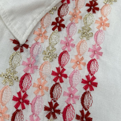 COMMEdesGARCONS SHIRT コムデギャルソンシャツ S10056 ホワイト リネン ピンク刺繍デザイン 半袖シャツ トップス