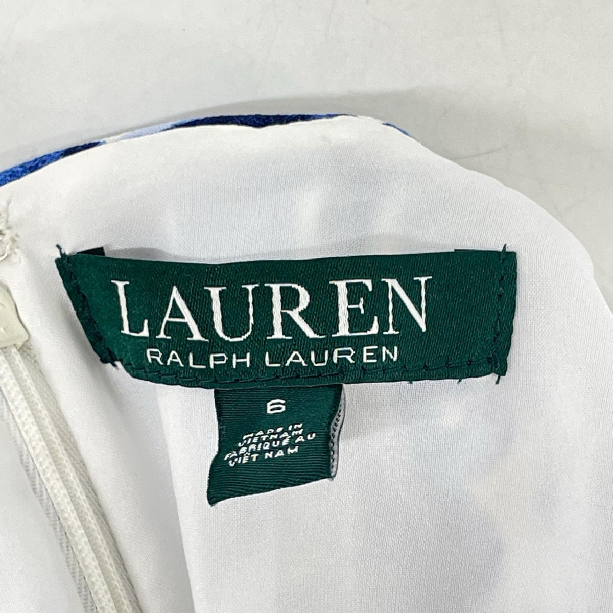 LAUREN RALPH LAUREN ローレン ラルフローレン ブルー×ホワイト 総柄 Aライン ノースリーブワンピース ワンピース
