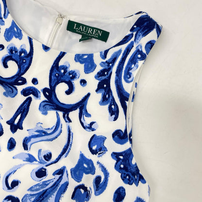 LAUREN RALPH LAUREN ローレン ラルフローレン ブルー×ホワイト 総柄 Aライン ノースリーブワンピース ワンピース