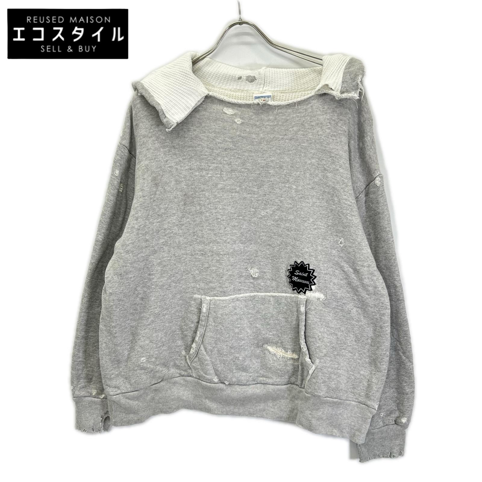 SAINT MICHAEL セントマイケル 24SS HOODIEDOUBLE FACE グレー ダメージ加工 長袖スウェット トップス