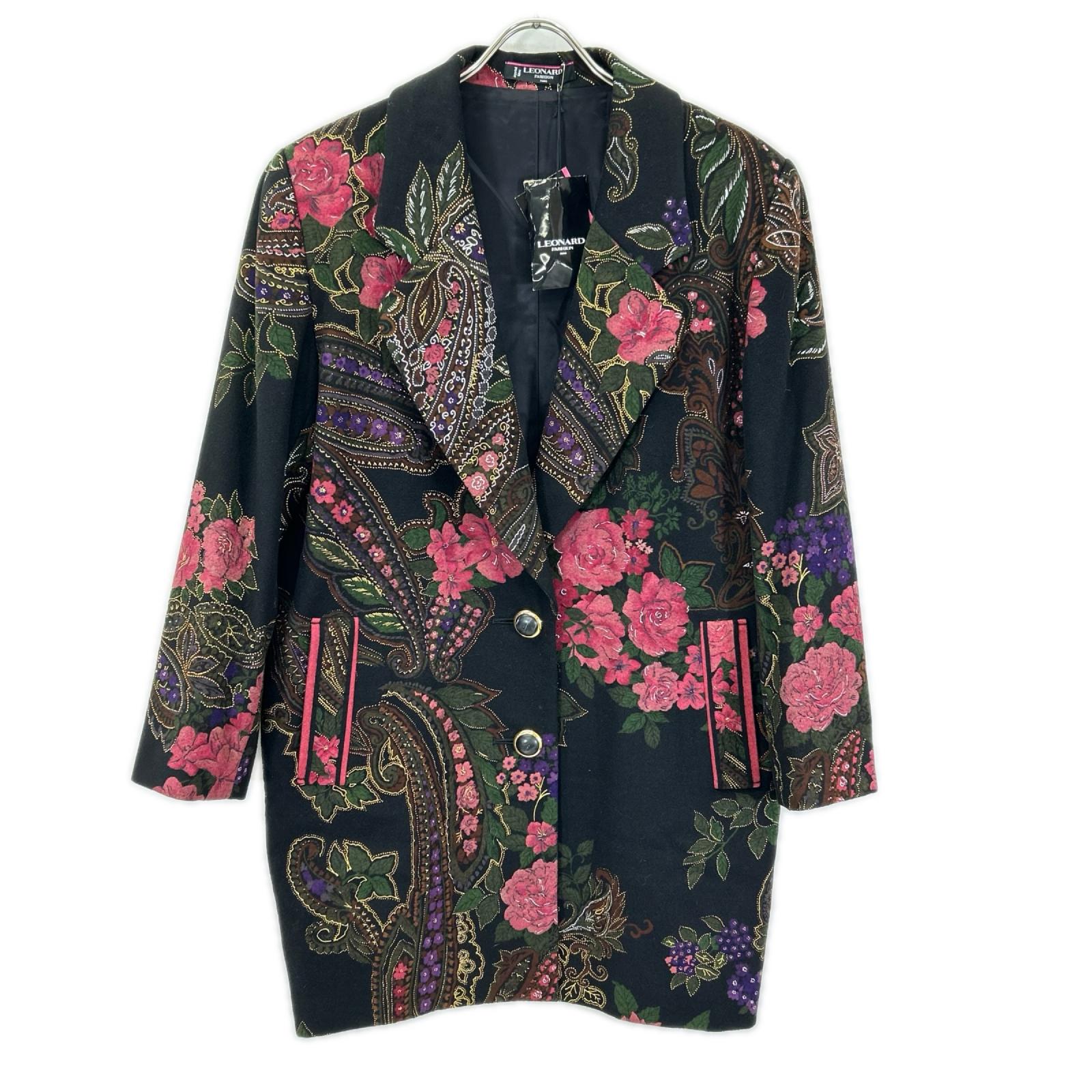 LEONARD レオナール ブラック×マルチカラー カシミヤ混 花柄 チェスターコート コート