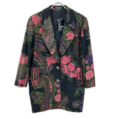 LEONARD レオナール ブラック×マルチカラー カシミヤ混 花柄 チェスターコート コート