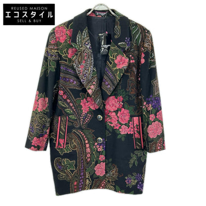 LEONARD レオナール ブラック×マルチカラー カシミヤ混 花柄 チェスターコート コート