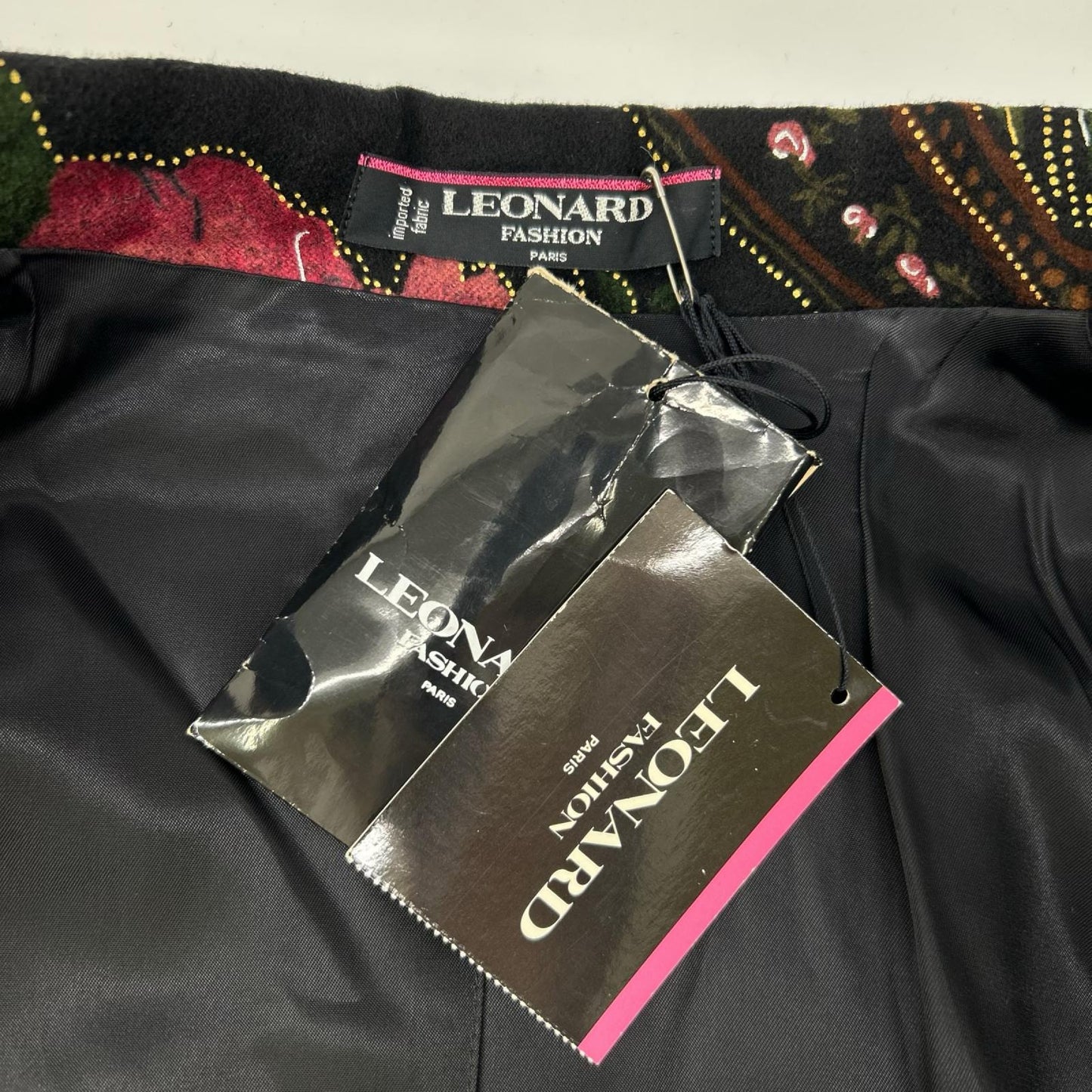 LEONARD レオナール ブラック×マルチカラー カシミヤ混 花柄 チェスターコート コート