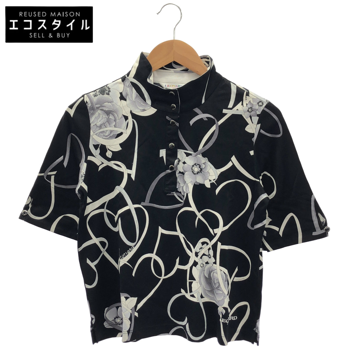 LEONARDSPORT レオナールスポーツ 0538008 ブラック×マルチカラー スタンドカラー ハーフボタン 半袖トップス トップス