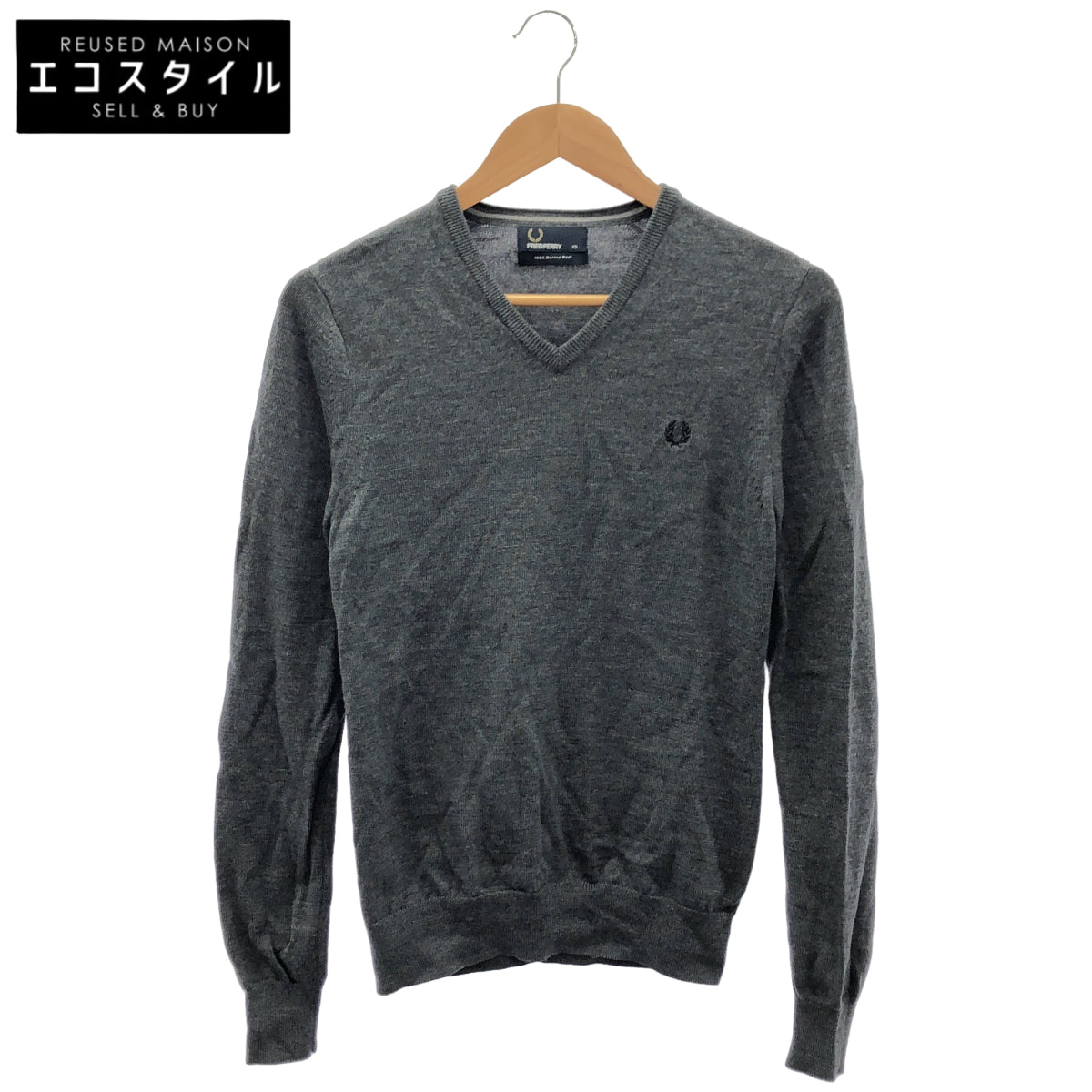 FRED PERRY フレッドペリー K7210 メリノウール100 グレー Vネックニットトップス トップス