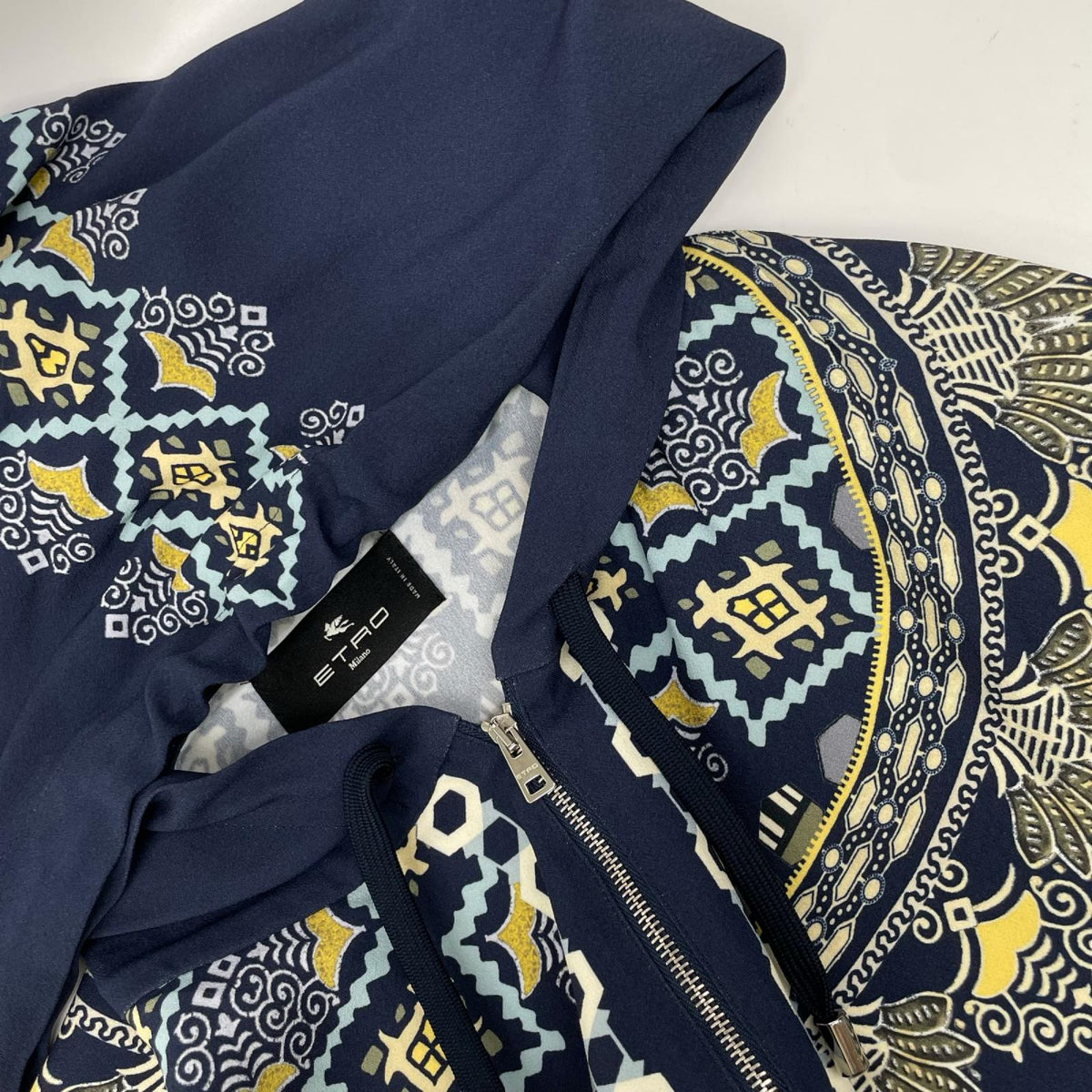 ETRO エトロ ネイビー 総柄 フード付き ジップワンピース ワンピース