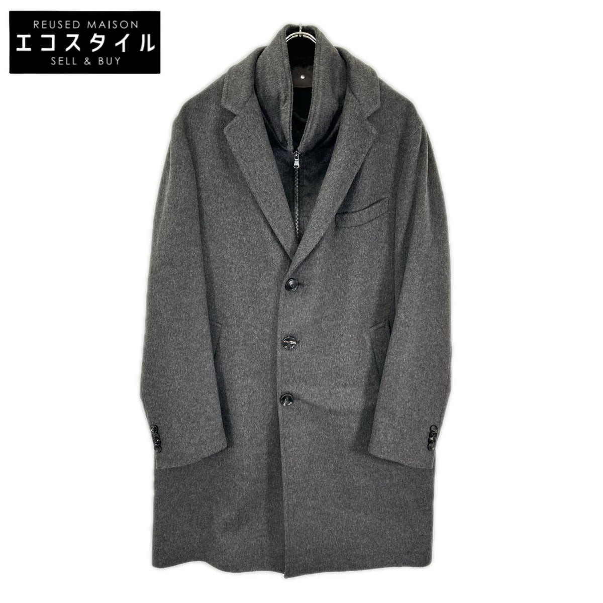 BARBA バルバ グレー バージンウール×カシミヤ スタンドカラー レイヤーコート コート