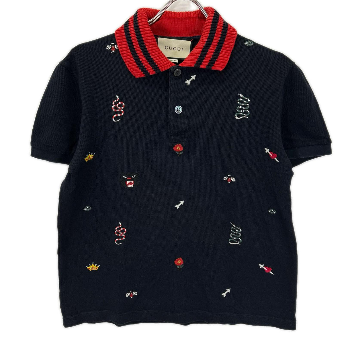 GUCCI グッチ 475118 X5T74 ネイビー スネークモチーフ フロント刺繍 半袖ポロシャツ トップス