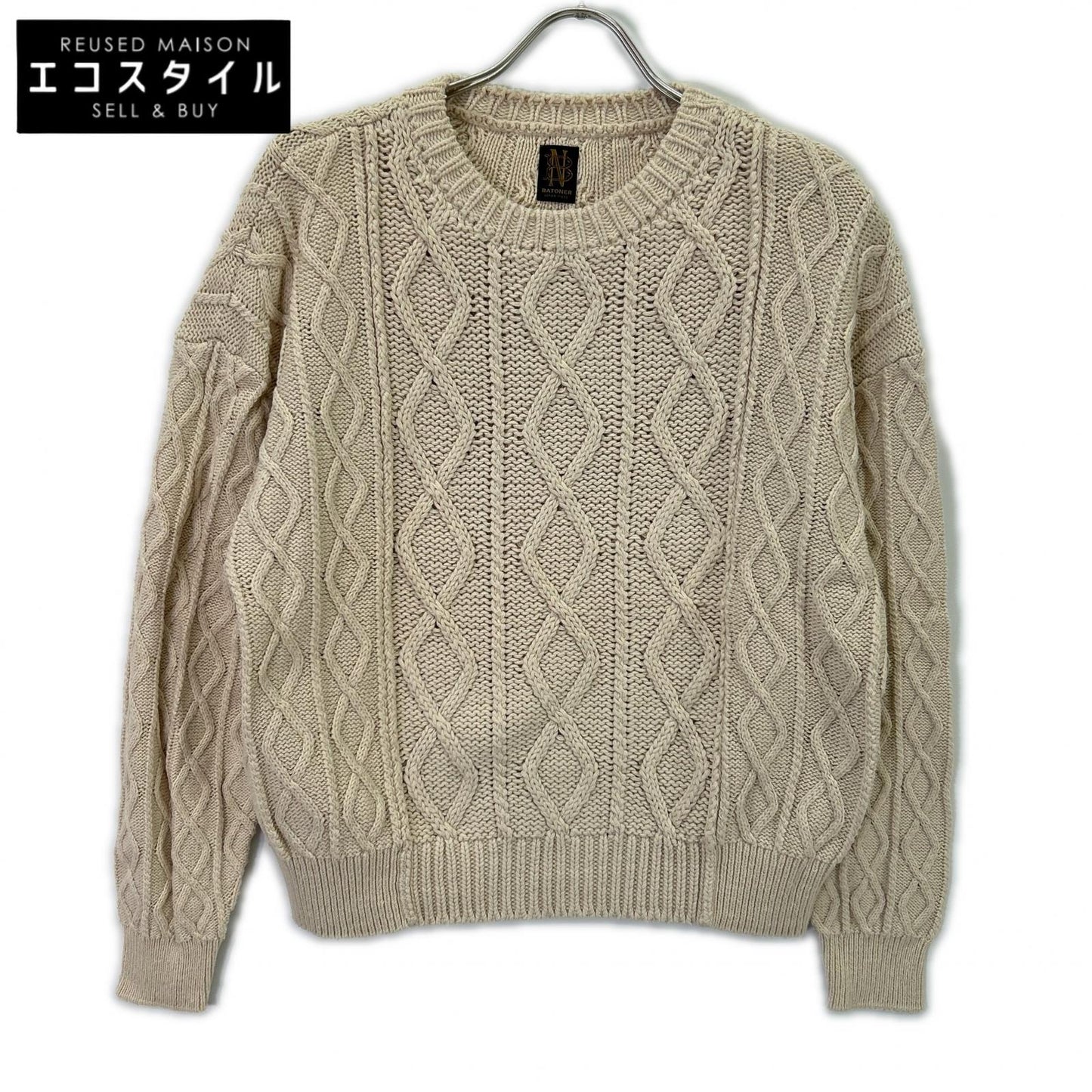 BATONER BN-21SL-006 Beige Different Gauge Cable Crew Neck Top