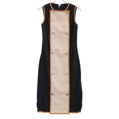 BURBERRY Front Button Leather Piping Sleeveless Dress