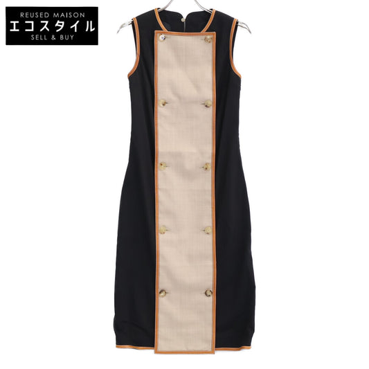 BURBERRY バーバリー フロントボタン レザーパイピング ノースリーブ ワンピース