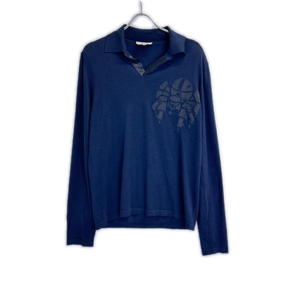HERMES Navy Robot Long Sleeve Knit Polo Top