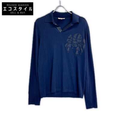HERMES Navy Robot Long Sleeve Knit Polo Top