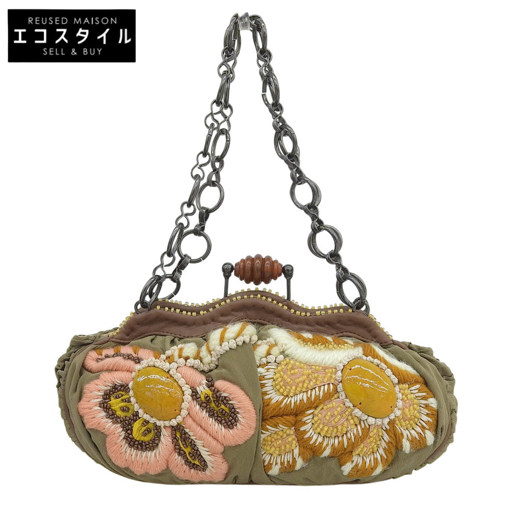 JAMIN PUECH ジャマンピュエッシュ 美品 がま口 花柄刺繍 チェーンミニバッグ ハンドバッグ レディース カーキグリーン ハンドバッグ