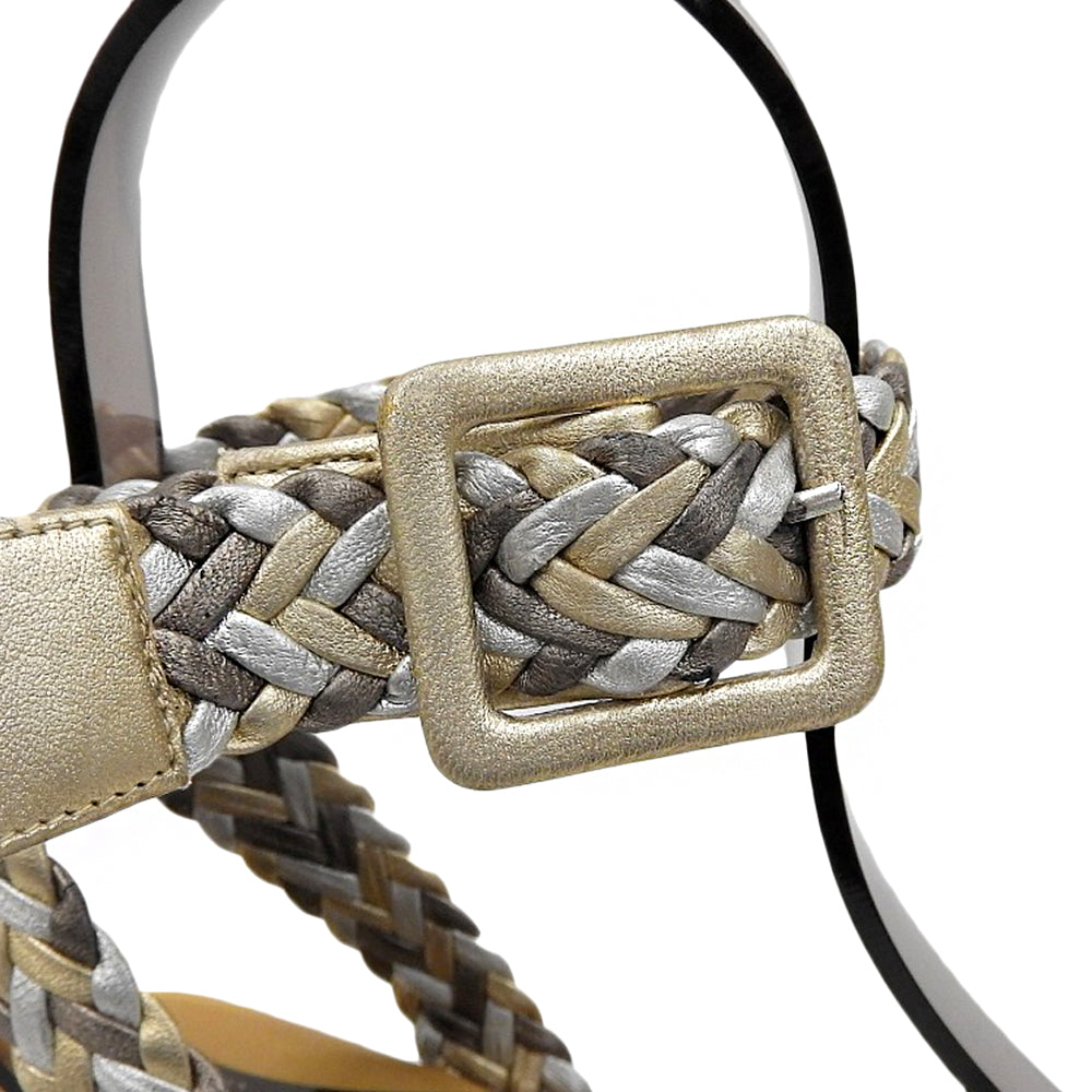 HERMES Ines Espadrille Wedge-Sole Braided Sandals for Women Silver × Gold × Brown 36 Shoes