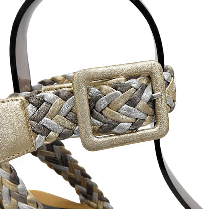 HERMES Ines Espadrille Wedge-Sole Braided Sandals for Women Silver × Gold × Brown 36 Shoes
