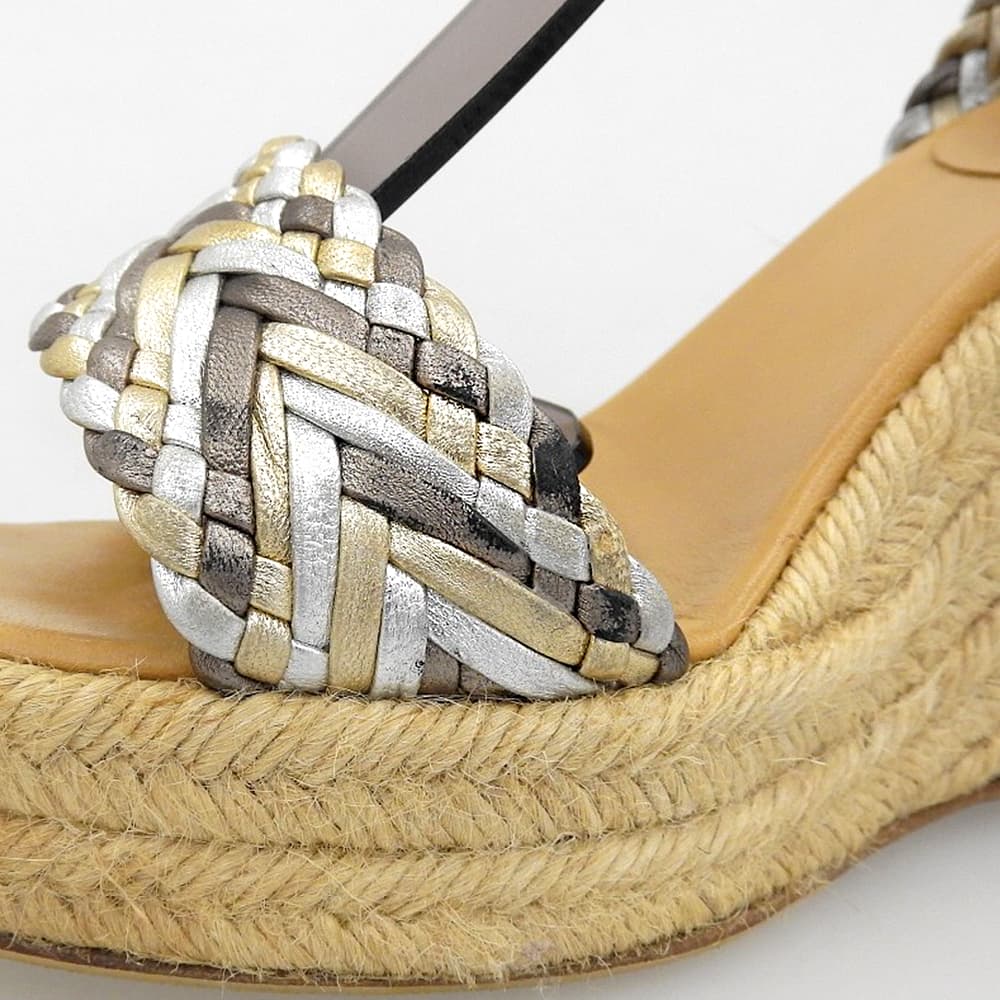 HERMES Ines Espadrille Wedge-Sole Braided Sandals for Women Silver × Gold × Brown 36 Shoes