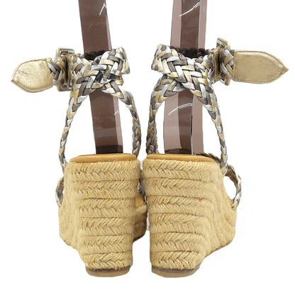 HERMES Ines Espadrille Wedge-Sole Braided Sandals for Women Silver × Gold × Brown 36 Shoes