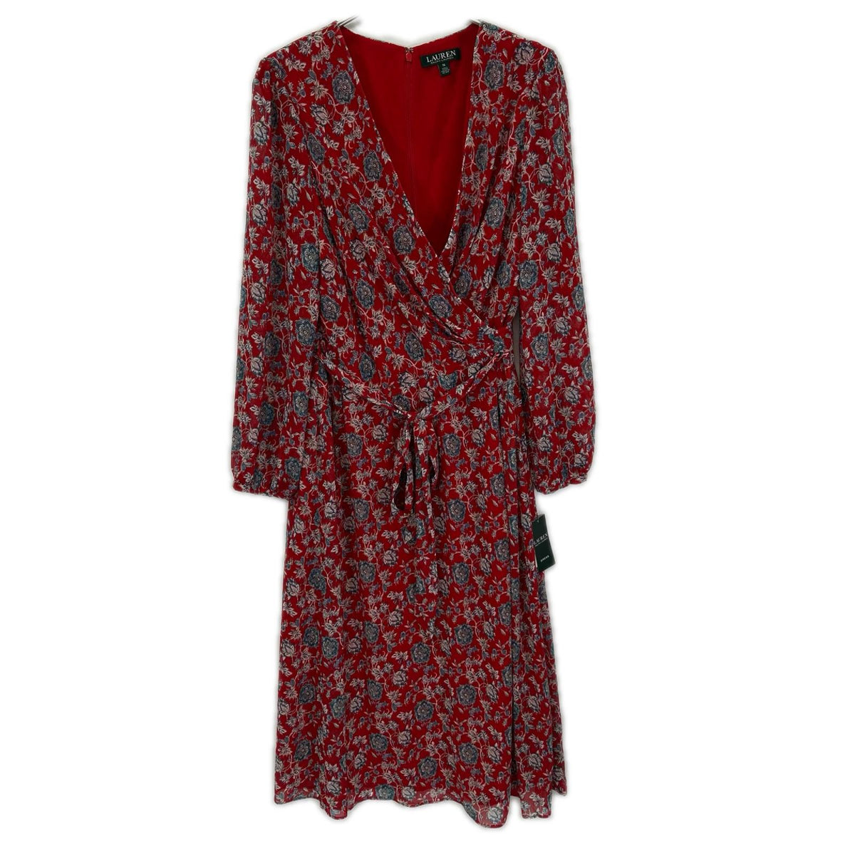 LAUREN RALPH LAUREN ローレン ラルフローレン レッドフラワープリント カシュクールL/Sワンピース ワンピース