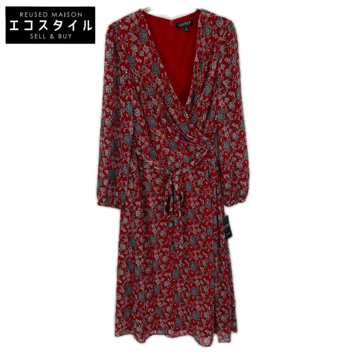 LAUREN RALPH LAUREN ローレン ラルフローレン レッドフラワープリント カシュクールL/Sワンピース ワンピース