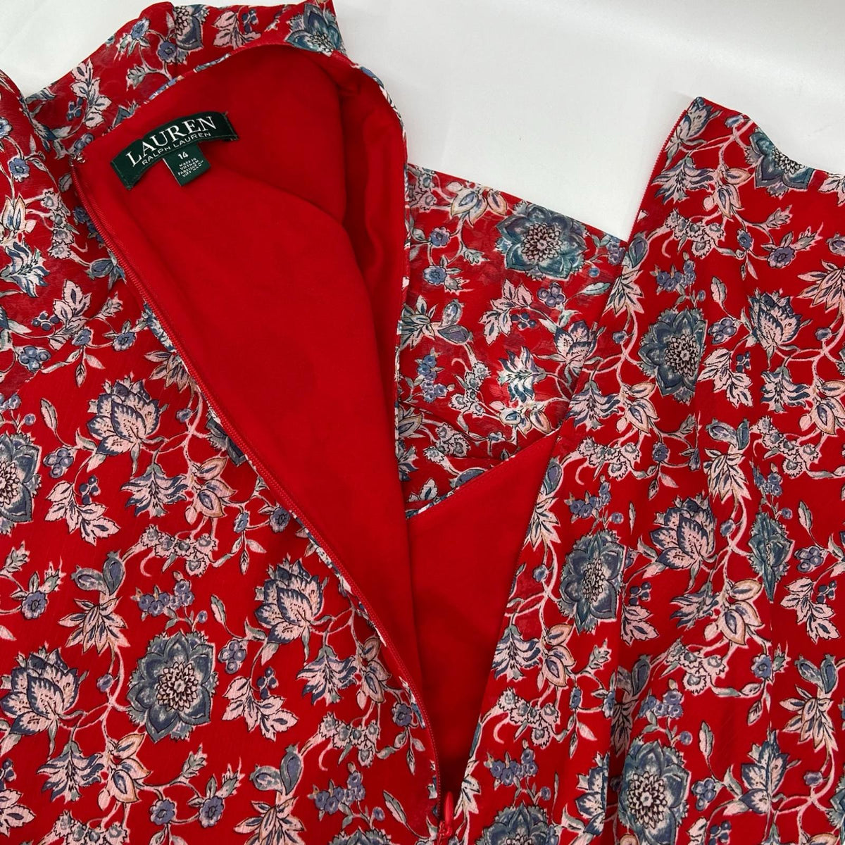 LAUREN RALPH LAUREN ローレン ラルフローレン レッドフラワープリント カシュクールL/Sワンピース ワンピース