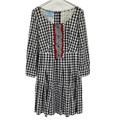PRADA プラダ 13年 ブラック×ホワイト ブロックチェック フリルデザイン ボートネック プリーツワンピース ワンピース