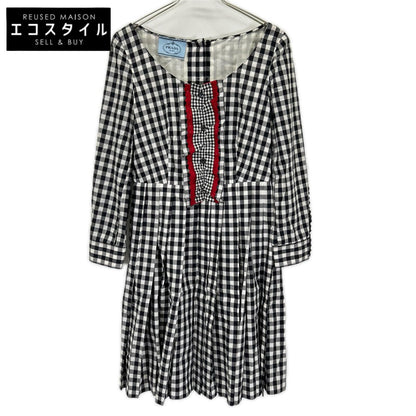 PRADA プラダ 13年 ブラック×ホワイト ブロックチェック フリルデザイン ボートネック プリーツワンピース ワンピース