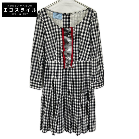 PRADA プラダ 13年 ブラック×ホワイト ブロックチェック フリルデザイン ボートネック プリーツワンピース ワンピース