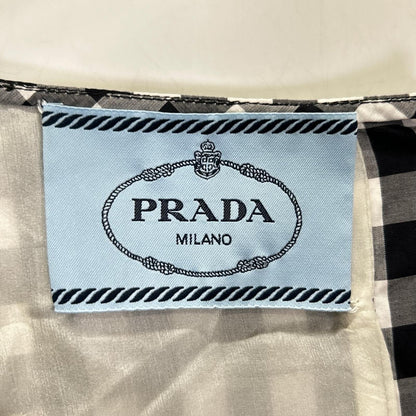PRADA プラダ 13年 ブラック×ホワイト ブロックチェック フリルデザイン ボートネック プリーツワンピース ワンピース