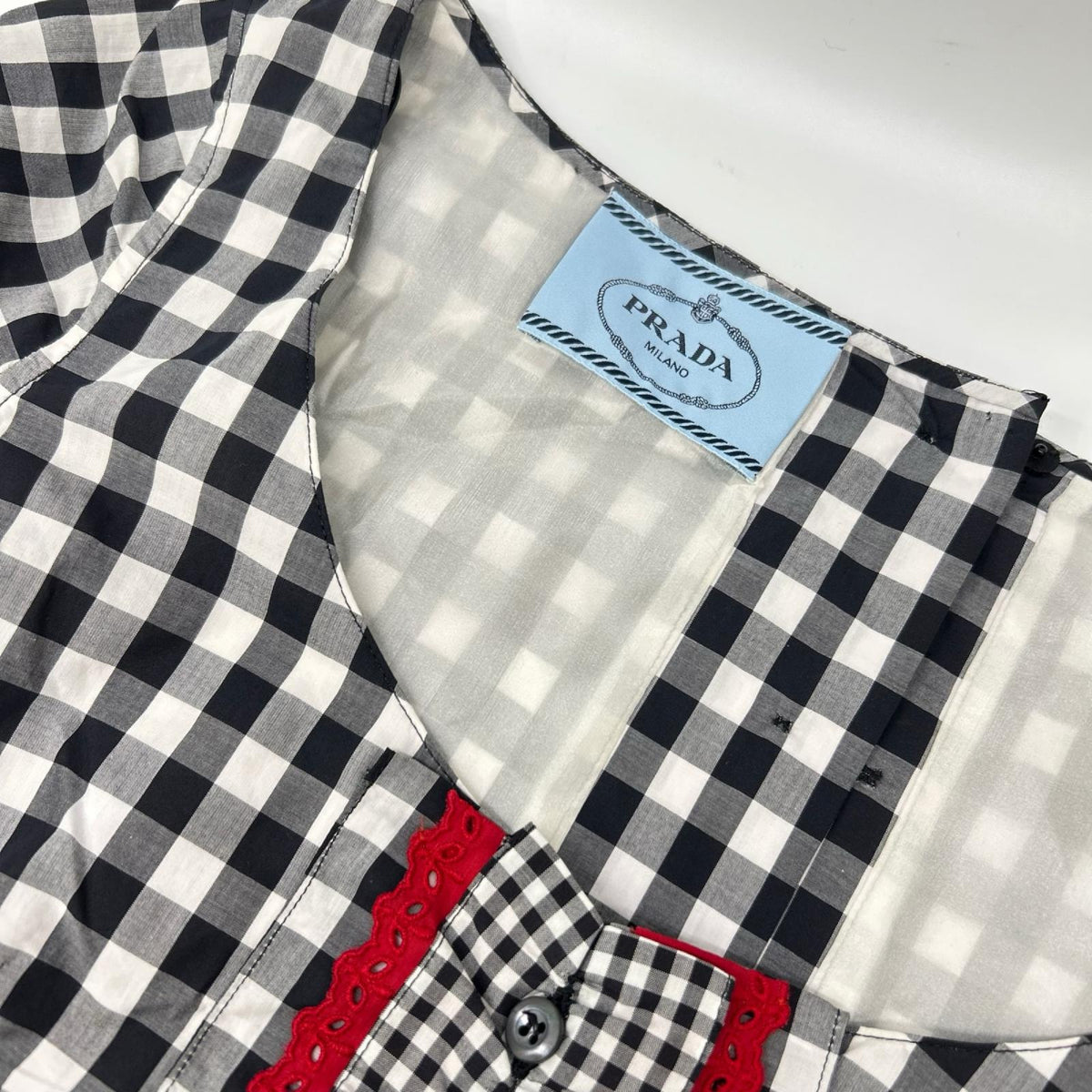 PRADA プラダ 13年 ブラック×ホワイト ブロックチェック フリルデザイン ボートネック プリーツワンピース ワンピース