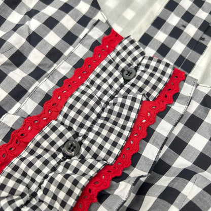 PRADA プラダ 13年 ブラック×ホワイト ブロックチェック フリルデザイン ボートネック プリーツワンピース ワンピース