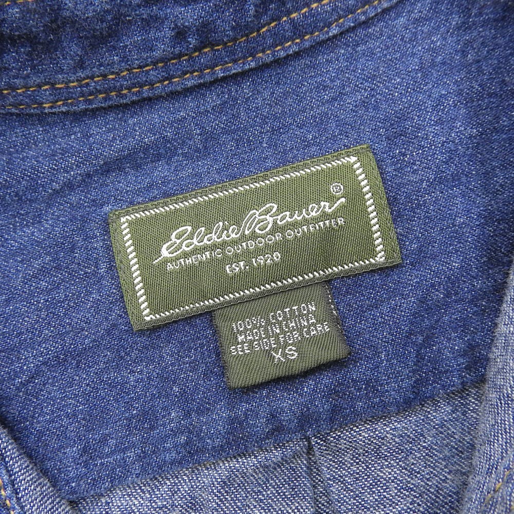 Eddie Bauer エディーバウアー 美品 緑タグ デニム バンドカラー シャツ トップス メンズ ブルー XS 00s トップス