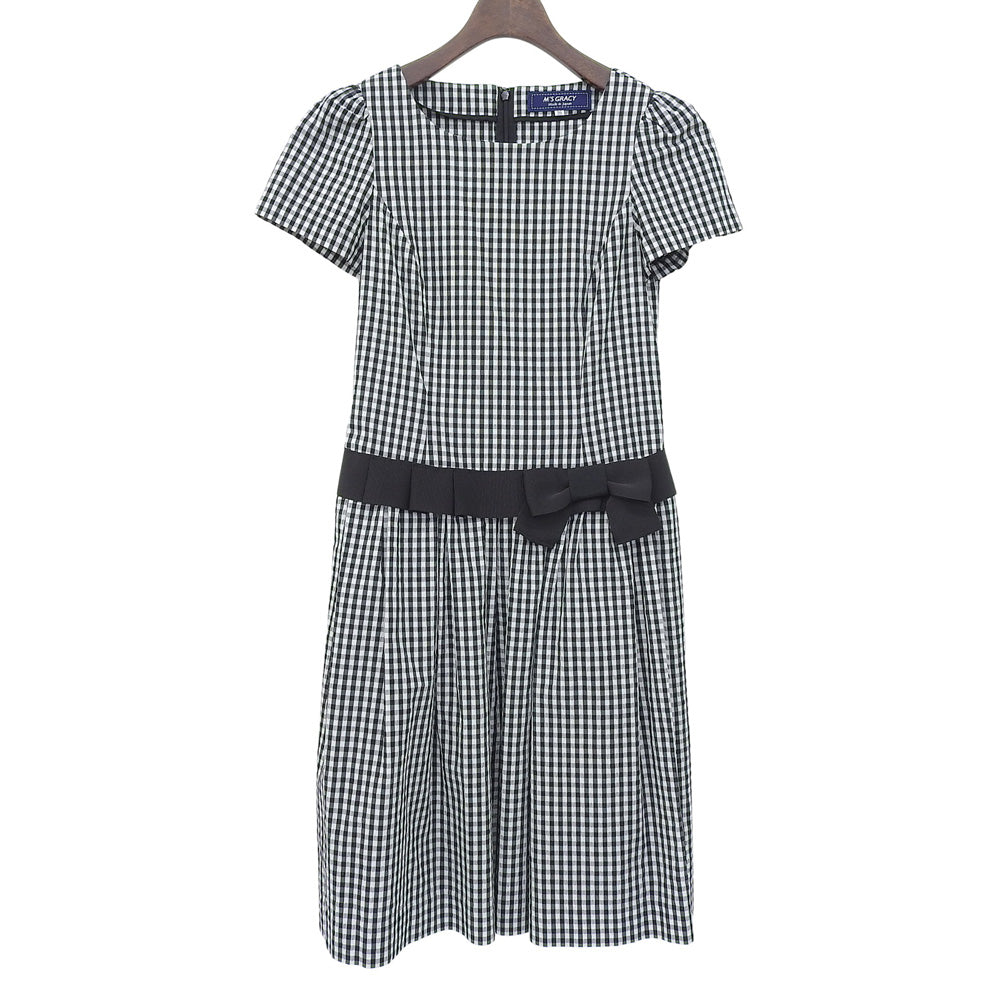美品 格子呢 蝴蝶结 连衣裙 女式 黑色/白色 36 PM-811329 连衣裙 36 女式