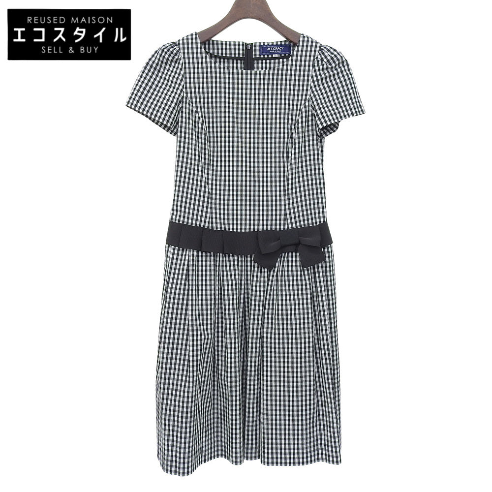美品 格子呢 蝴蝶结 连衣裙 女式 黑色/白色 36 PM-811329 连衣裙 36 女式