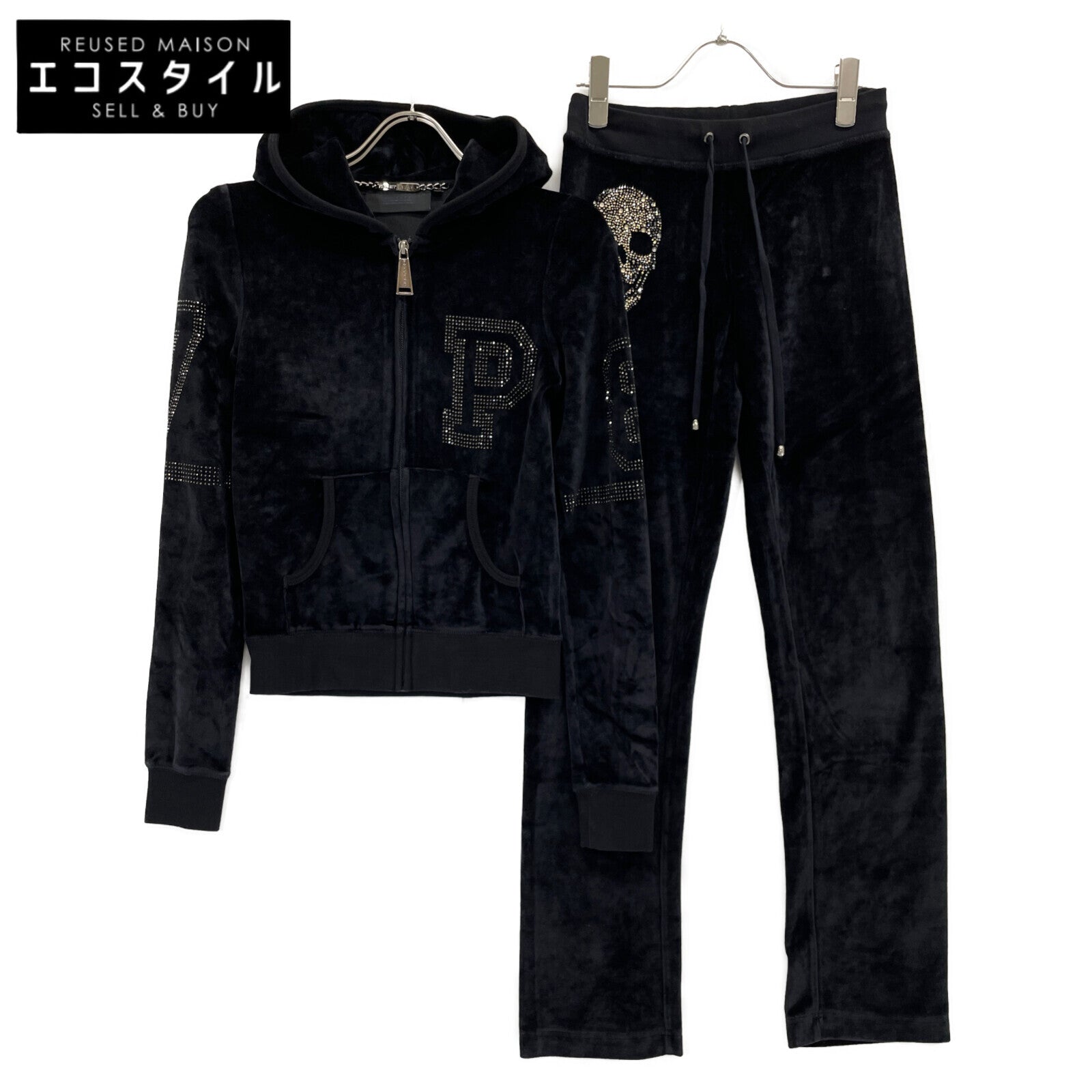 PHILIPP PLEIN Black Velour Swarovski Tracksuit Set-Up Suit Set-Up XS Ladies