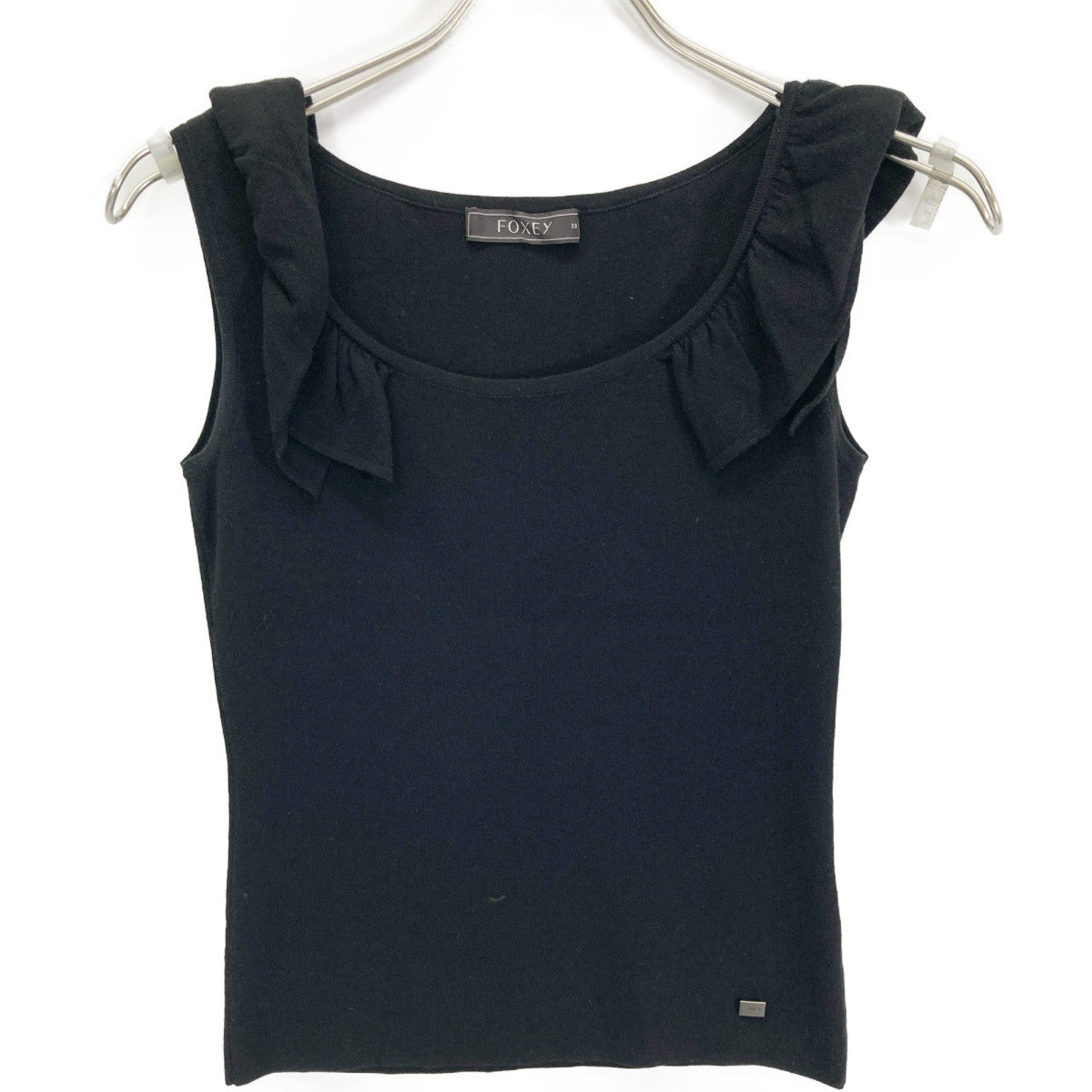 FOXEY BOUTIQUE フォクシーブティック 25559 SMYAZ16 ﾌﾞﾗｯｸ ﾉｰｽﾘｰﾌﾞ ﾌﾘﾙ ﾆｯﾄ トップス 38 レディース
