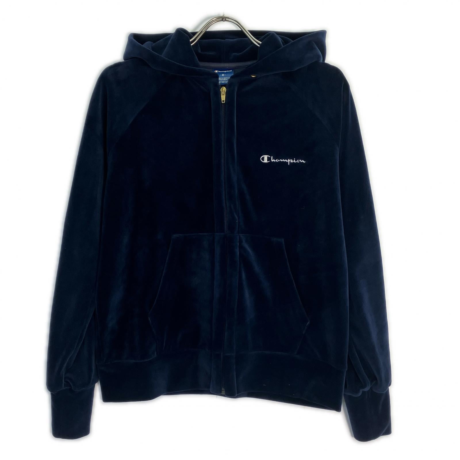 Champion 冠军 藏青色 侧边条纹 天鹅绒 拉链连帽衫 夹克 M