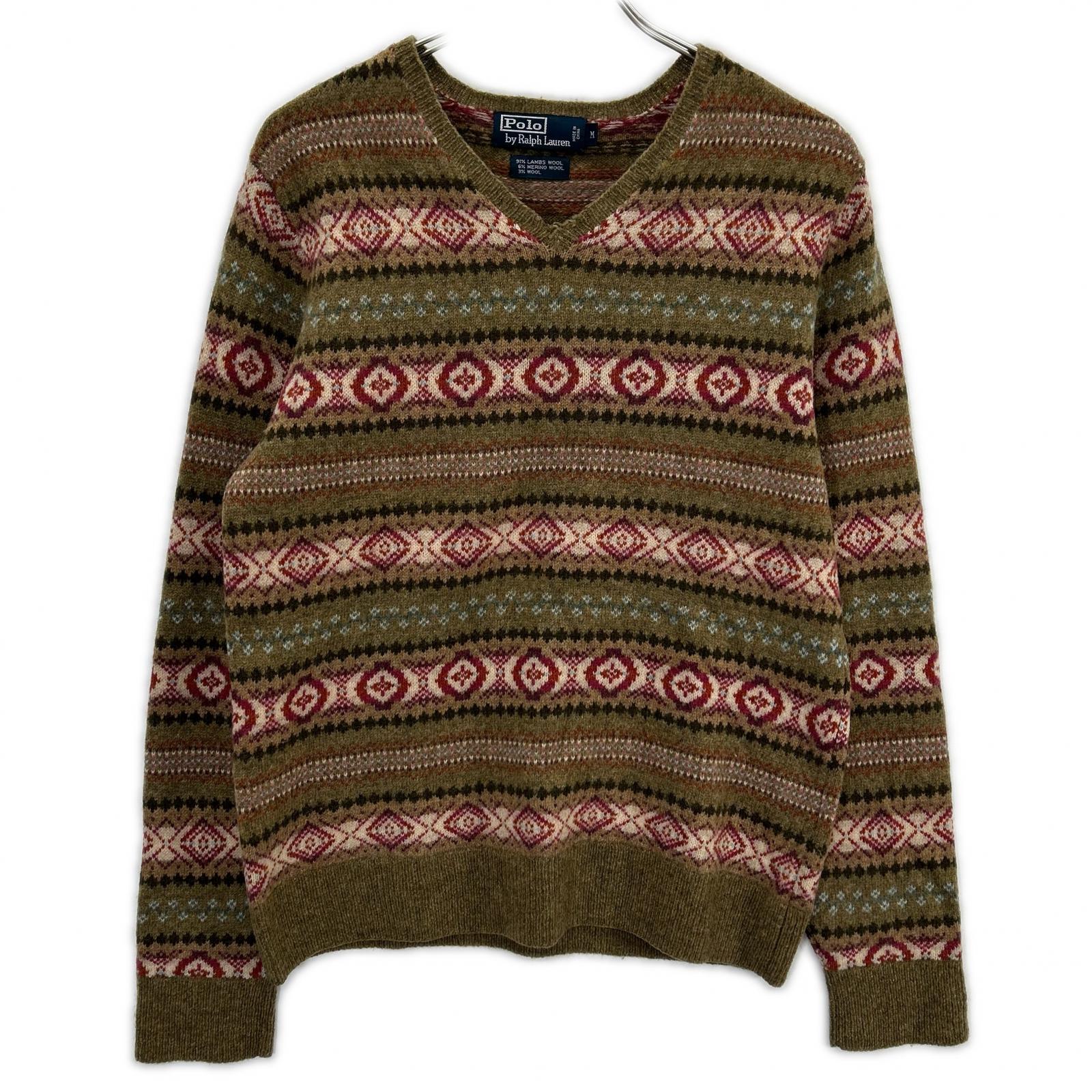 POLO RALPH LAUREN ポロ ラルフローレン KR-RL-LW3601 カーキ 羊毛混 フェアアイル柄 Vネック ニットトップス トップス