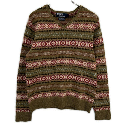 POLO RALPH LAUREN ポロ ラルフローレン KR-RL-LW3601 カーキ 羊毛混 フェアアイル柄 Vネック ニットトップス トップス