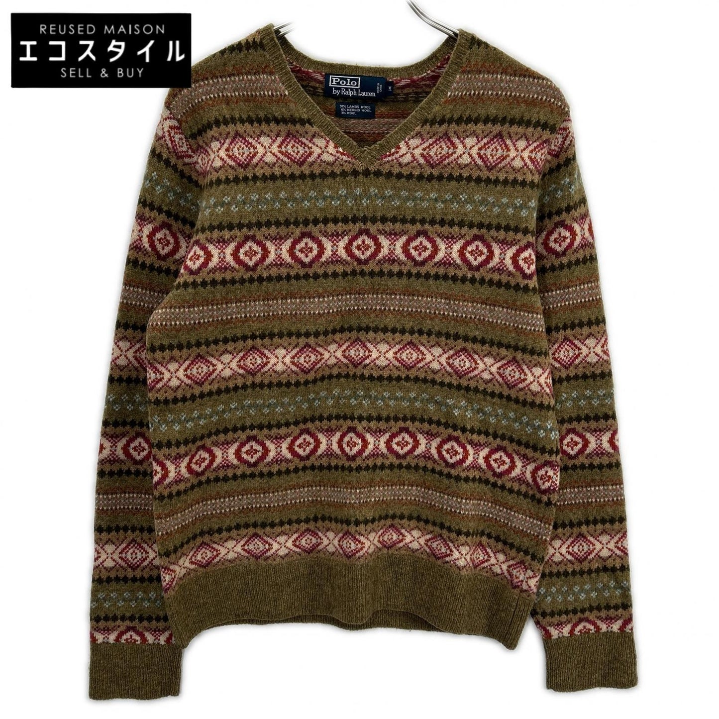 POLO RALPH LAUREN ポロ ラルフローレン KR-RL-LW3601 カーキ 羊毛混 フェアアイル柄 Vネック ニットトップス トップス