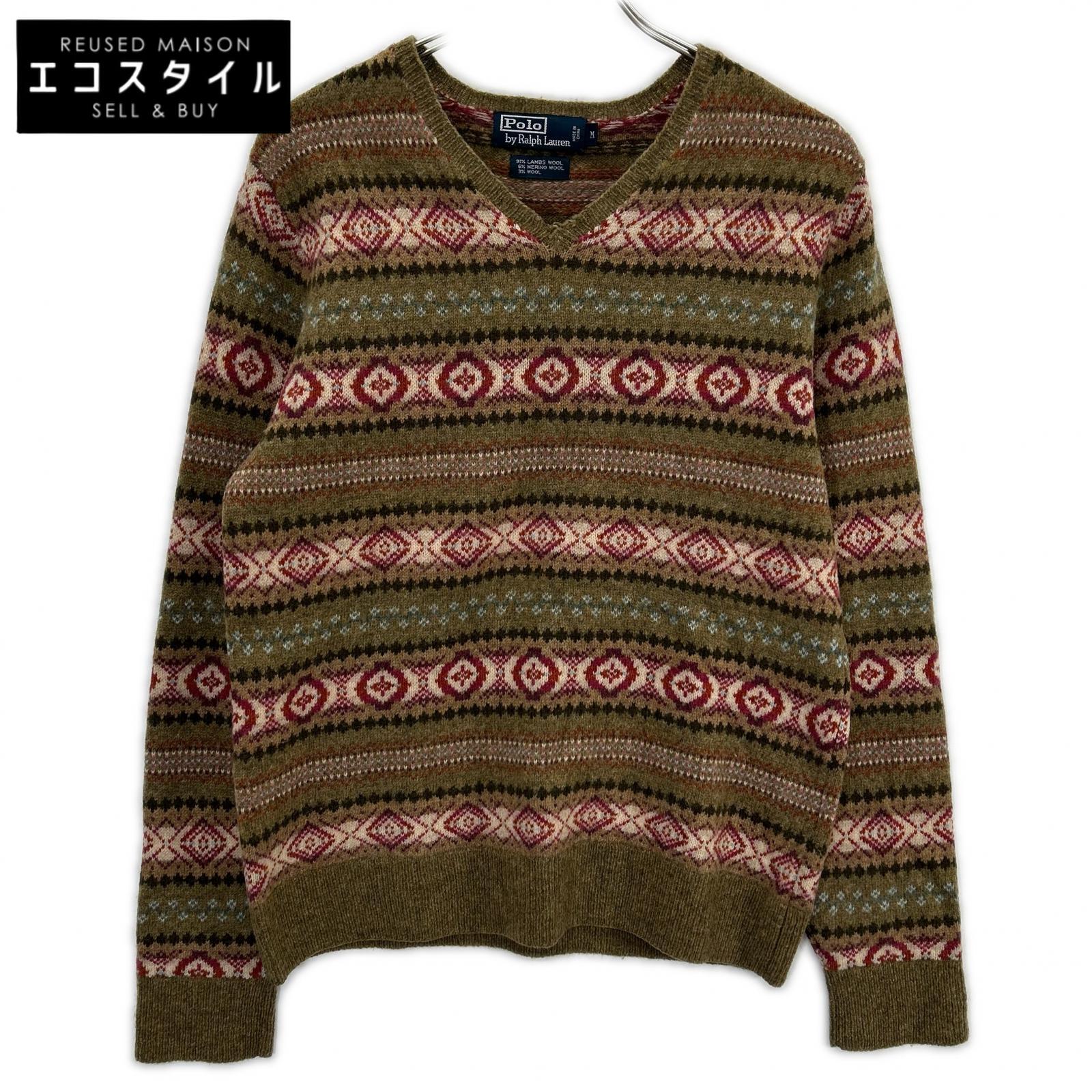 POLO RALPH LAUREN ポロ ラルフローレン KR-RL-LW3601 カーキ 羊毛混 フェアアイル柄 Vネック ニットトップス トップス