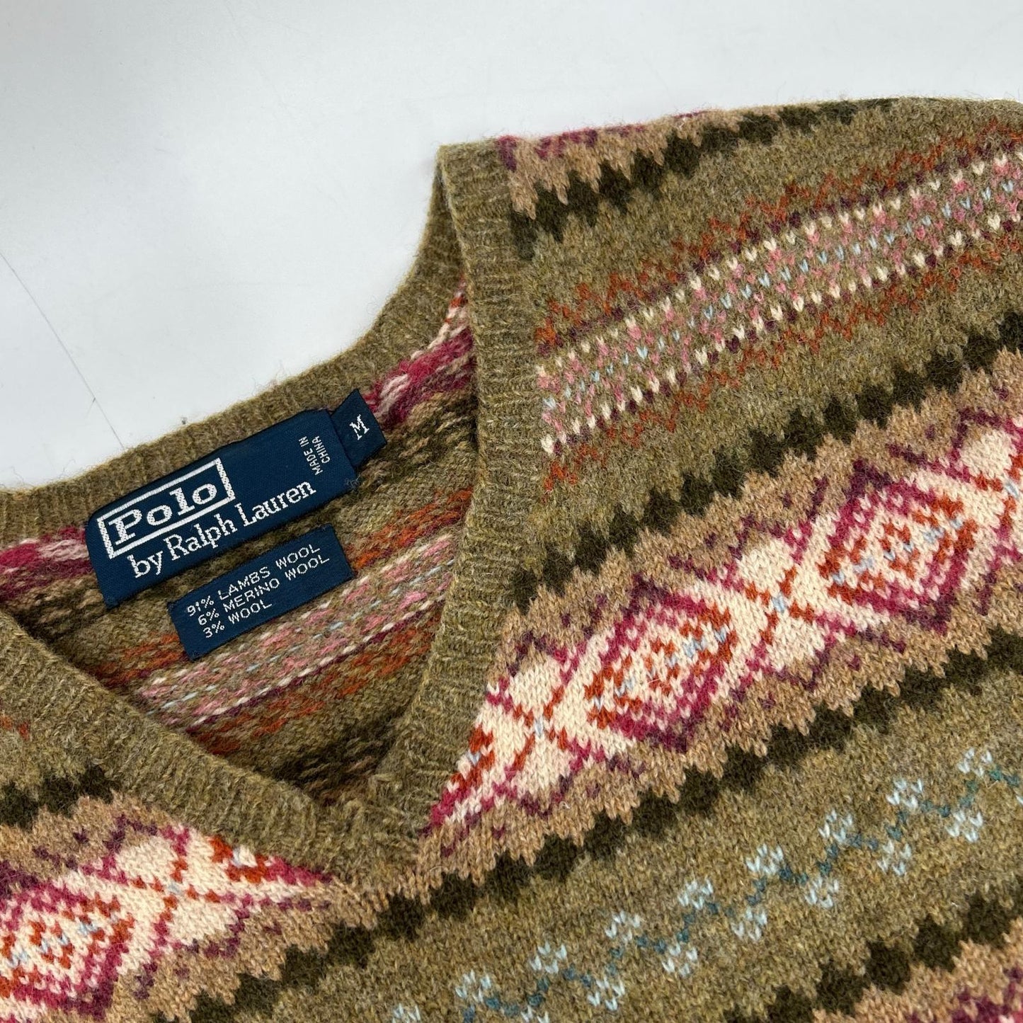 POLO RALPH LAUREN ポロ ラルフローレン KR-RL-LW3601 カーキ 羊毛混 フェアアイル柄 Vネック ニットトップス トップス