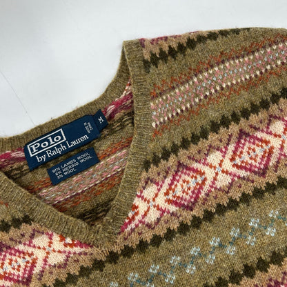 POLO RALPH LAUREN ポロ ラルフローレン KR-RL-LW3601 カーキ 羊毛混 フェアアイル柄 Vネック ニットトップス トップス