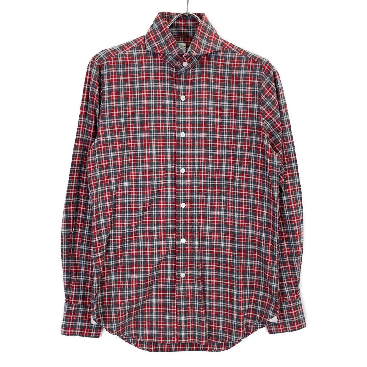 finamore Red x Gray Check 100% Cotton Flannel Shirt with Gussets