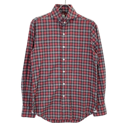 finamore Red x Gray Check 100% Cotton Flannel Shirt with Gussets