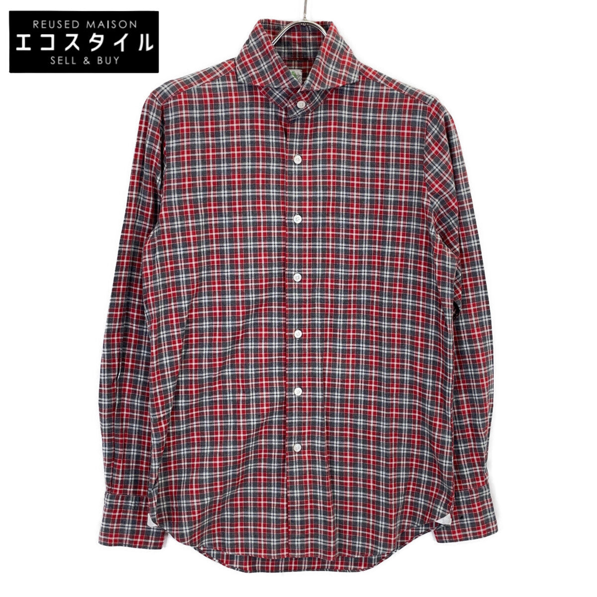 finamore Red x Gray Check 100% Cotton Flannel Shirt with Gussets