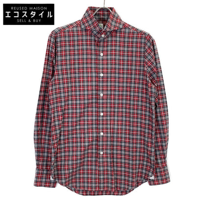 finamore Red x Gray Check 100% Cotton Flannel Shirt with Gussets