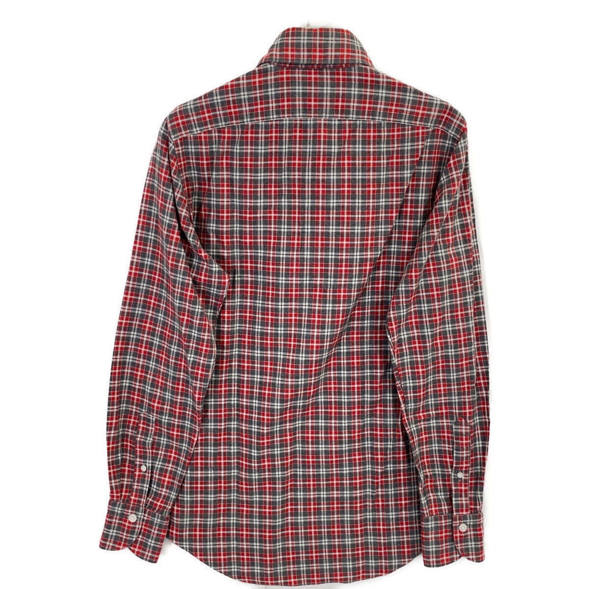finamore Red x Gray Check 100% Cotton Flannel Shirt with Gussets